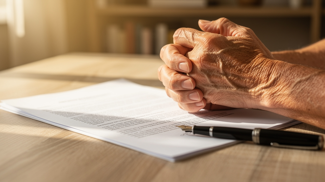 Elderly hands near legal document signing power of attorney