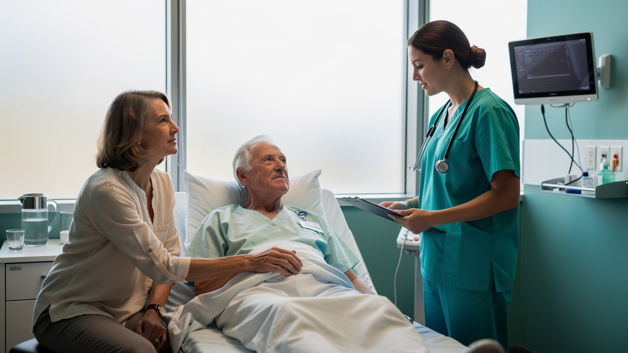 Family member and doctor discussing healthcare decisions in hospital
