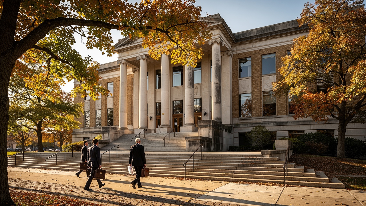 Illinois probate court exterior with autumn trees and professionals