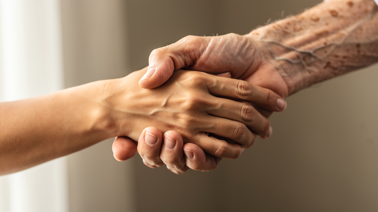Two generations holding hands showing family support