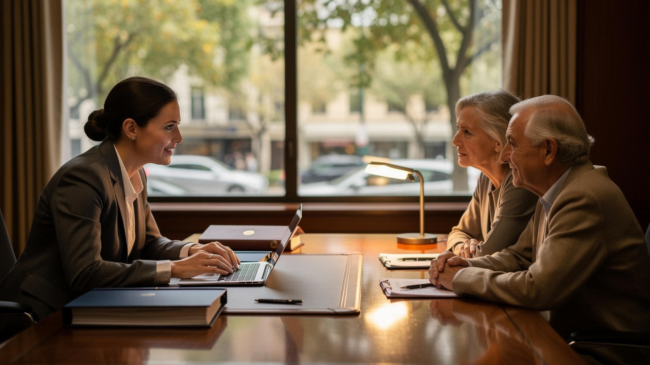 Elder law attorney consulting with older couple about estate planning in Illinois