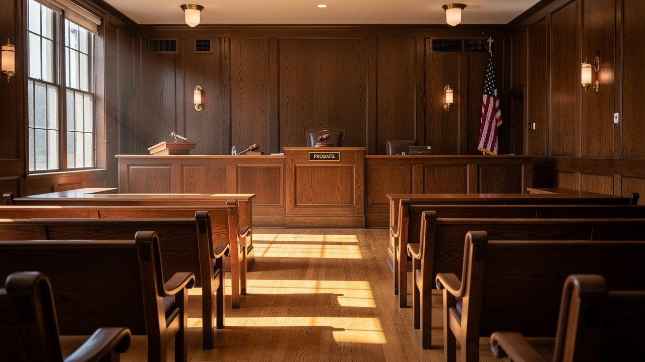 Empty Illinois probate courtroom where guardianship cases are decided