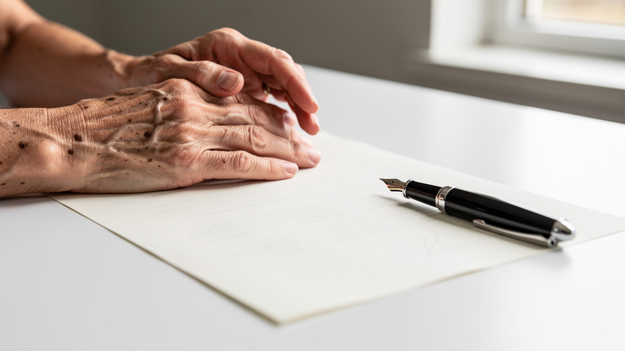 Elderly adult signing a durable Power of Attorney with trusted family member