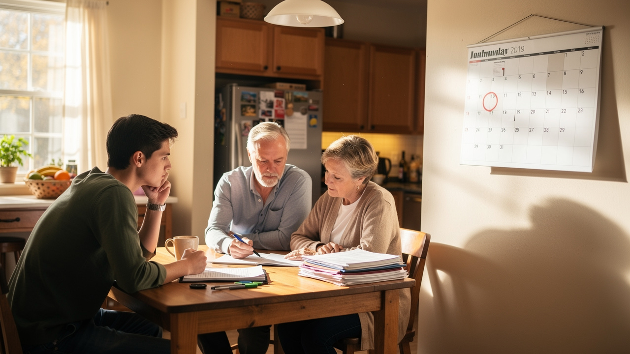 Family reviewing calendar and planning documents before milestone birthday